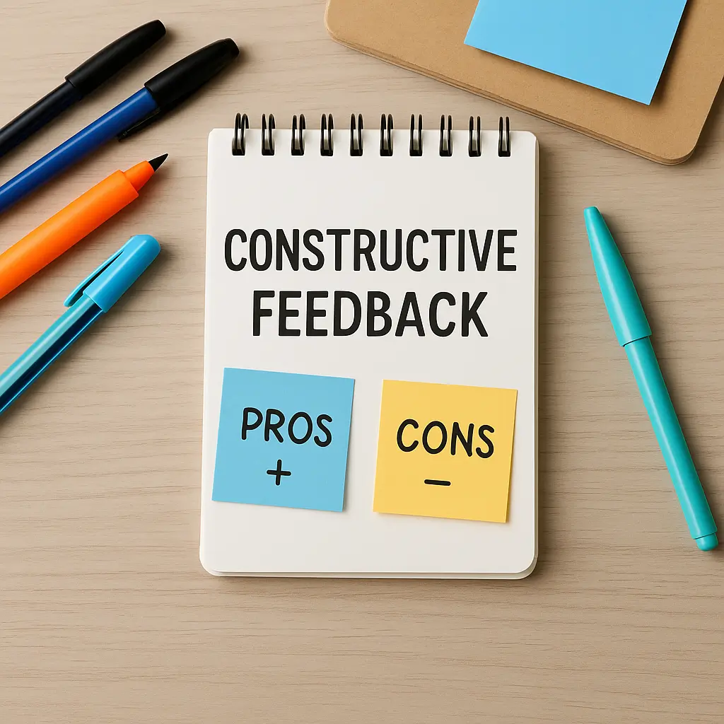 a realistic, professional depiction of constructive feedback, featuring a desk setup with notes labeled Pros and Cons