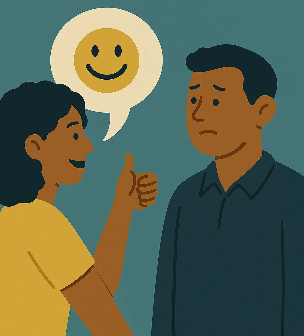 Illustration of a woman giving positive constructive feedback to a professional with a happy face speech bubble and thumbs up gesture.