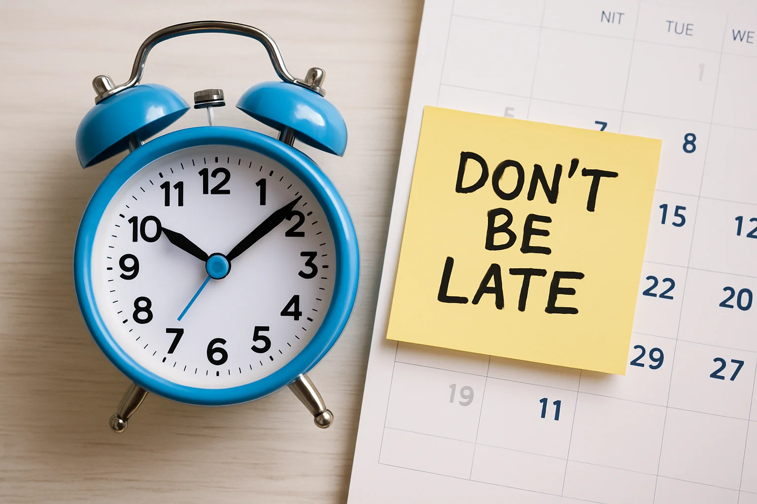 a realistic and professional depiction of punctuality featuring a clock, calendar, and sticky note reminder