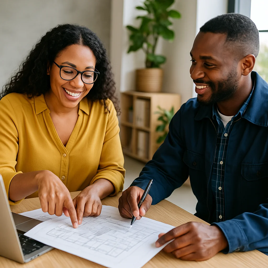 professionals, one client and one service provider, engaged in clear, friendly discussion over project plans in a modern setting