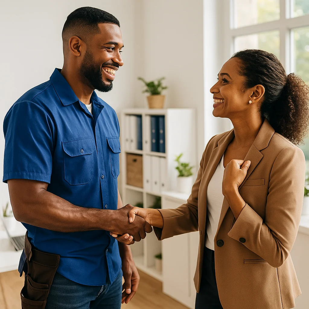 service provider and a returning client, smiling, shaking hands, and reflecting loyalty and trust