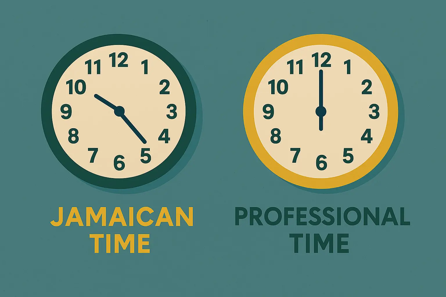 Illustration showing two clocks labeled Jamaican Time and Professional Time to highlight the difference between relaxed timing and punctual work habits.