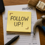 realistic desk elements like invoices, inspection reports, phones, and calendars