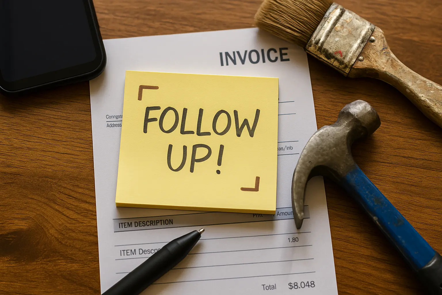 realistic desk elements like invoices, inspection reports, phones, and calendars