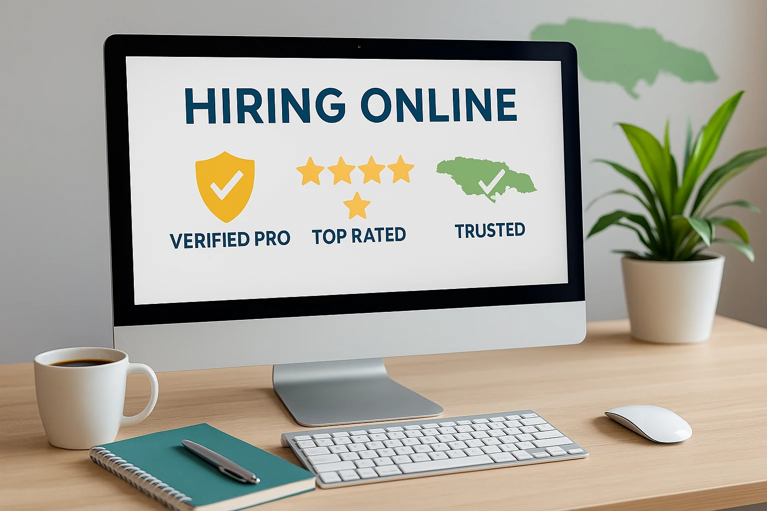 a modern workspace with a laptop showing verification icons and a subtle Jamaican map motif