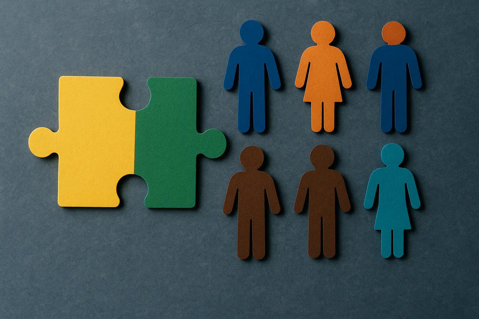 Jigsaw puzzle piece in Jamaican colors surrounded by human icons representing personality and professionalism compatibility.