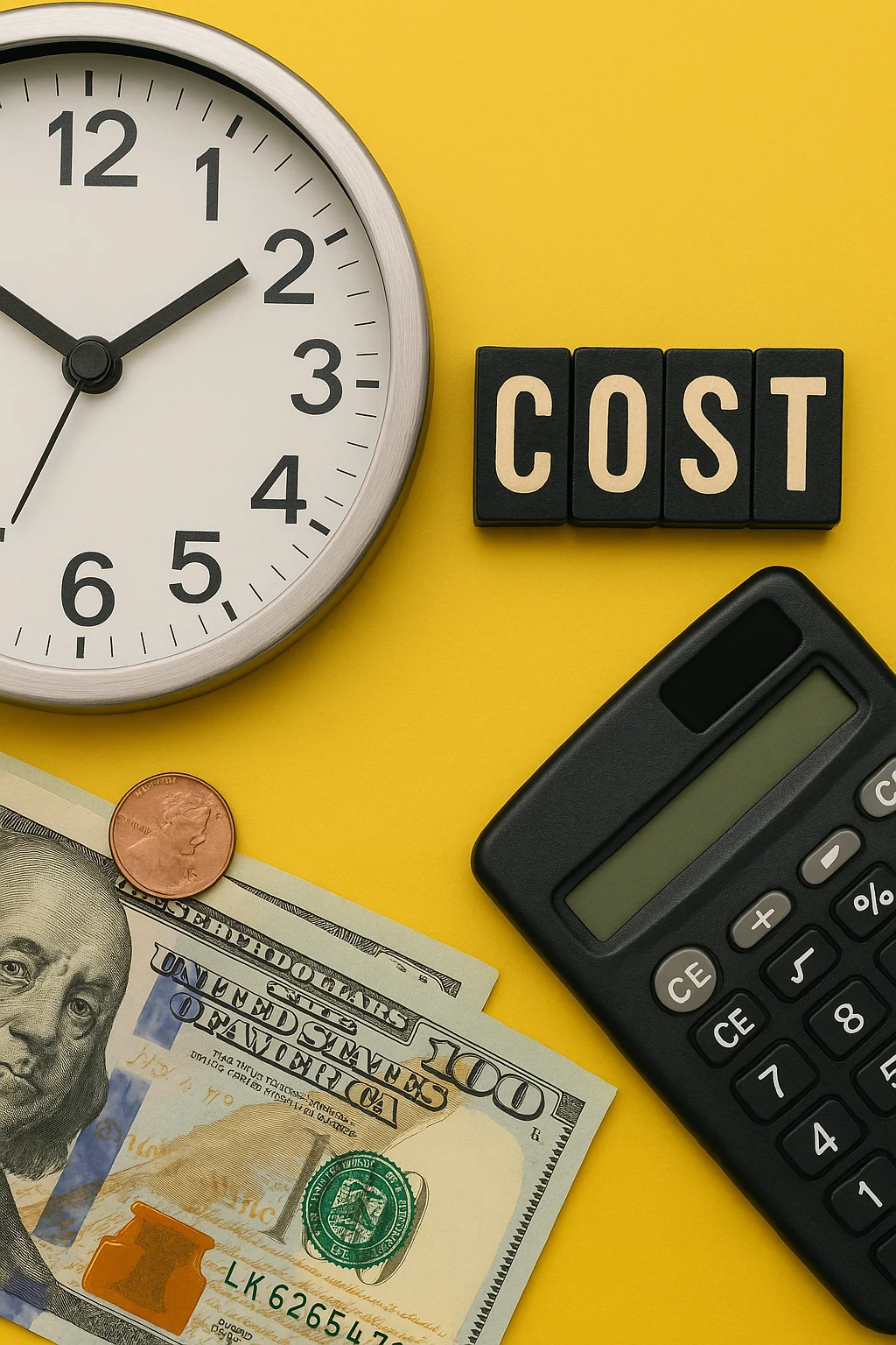 A desk with a calculator, money and a clock signifying mistakes Jamaican Pros Must Avoid when pricing