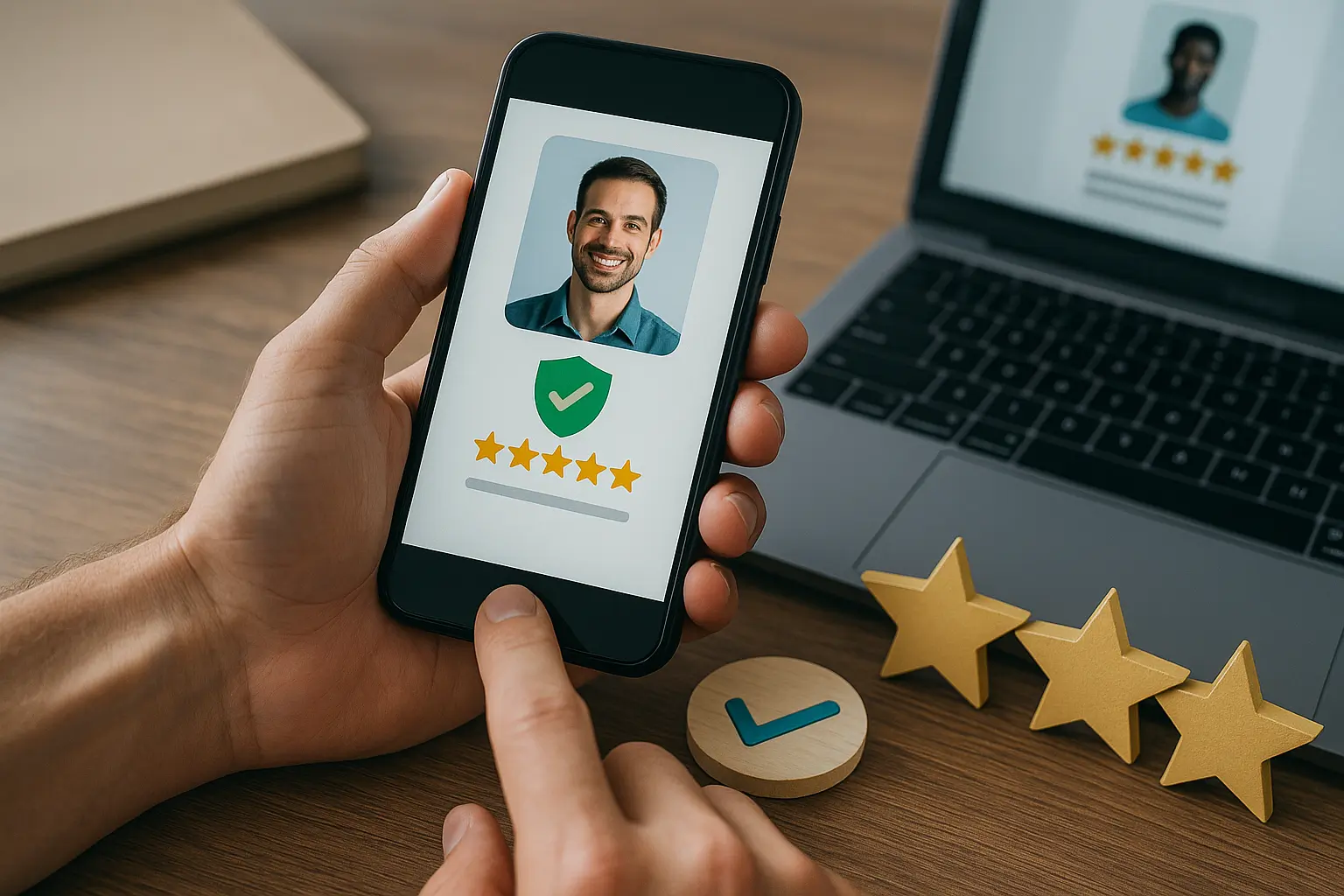 depicts a person reviewing a professional’s online profile with stars and verification icons