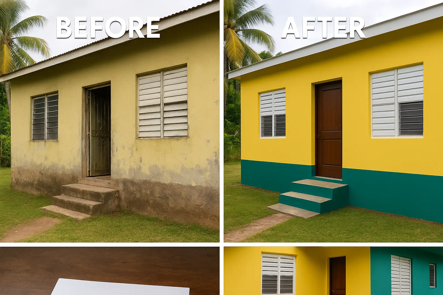 a house with before and after transformation pictures for showcasing professional renovation