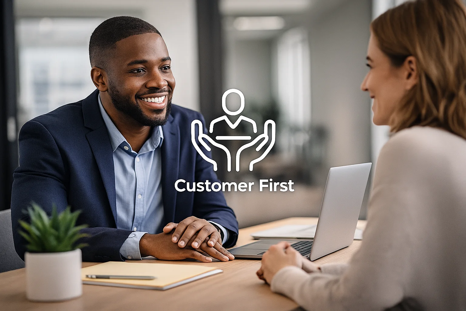 Professional smiling and speaking with a customer in a modern office setting with a Customer First icon displayed.