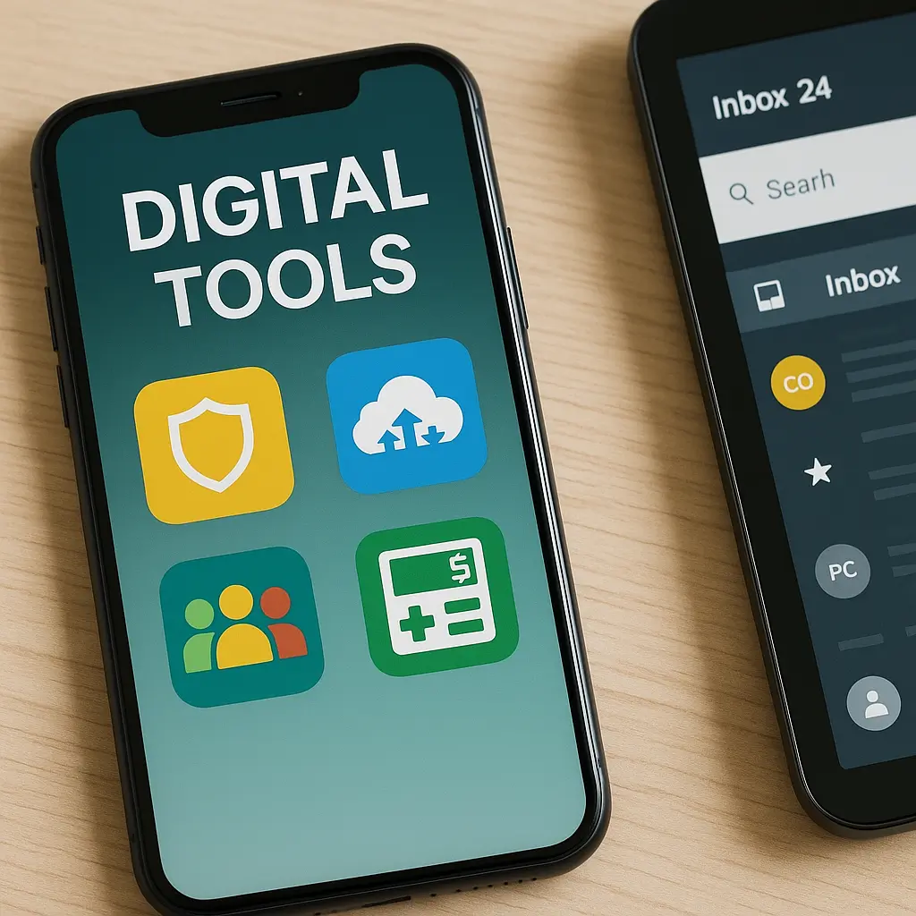 photo of a smartphone and tablet on a wooden desk, both showing digital tool icons like storage, communication, security, and finance apps