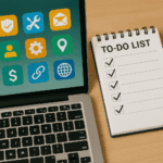 laptop with colorful app icons beside a to-do list notepad with checkmarks