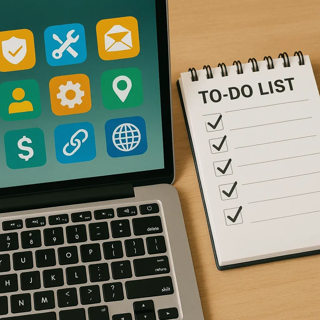 laptop with colorful app icons beside a to-do list notepad with checkmarks