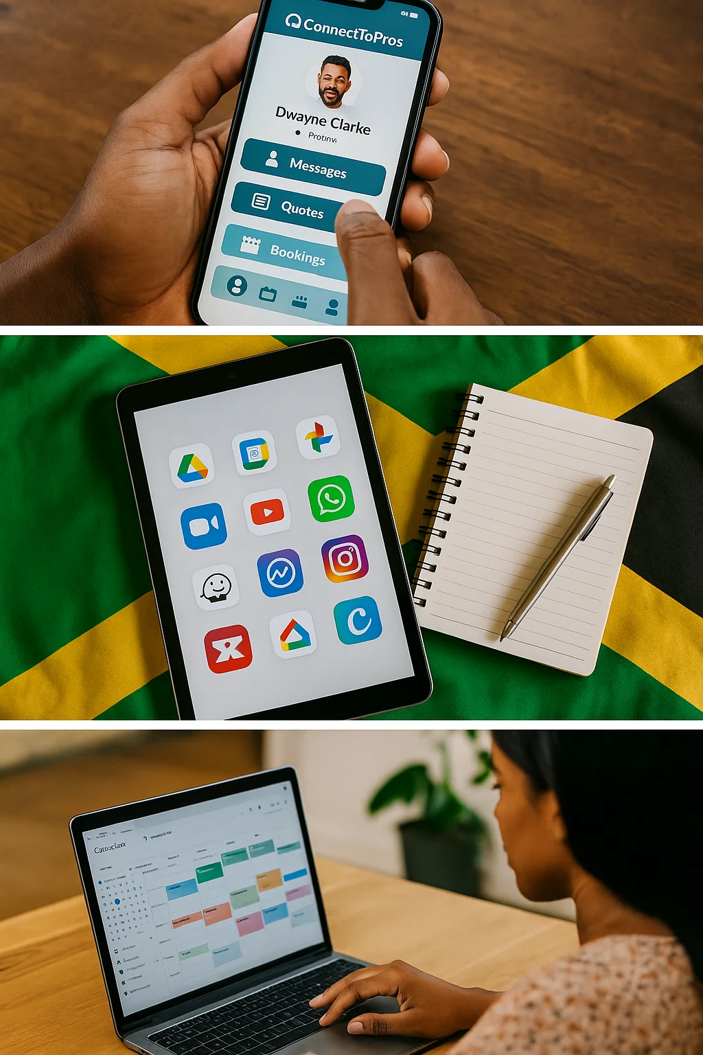 3 tiered photo showing a phone with connecttopros.com displayed, tablet with different apps, a laptop with scheduling calendar