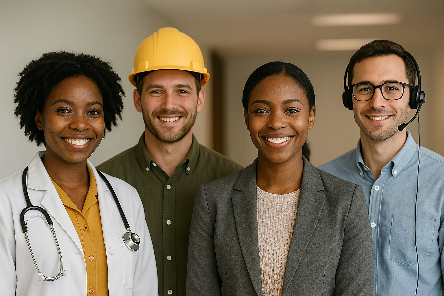 Group of diverse expert professionals including a construction worker, doctor, chef, and business professional standing together and smiling.