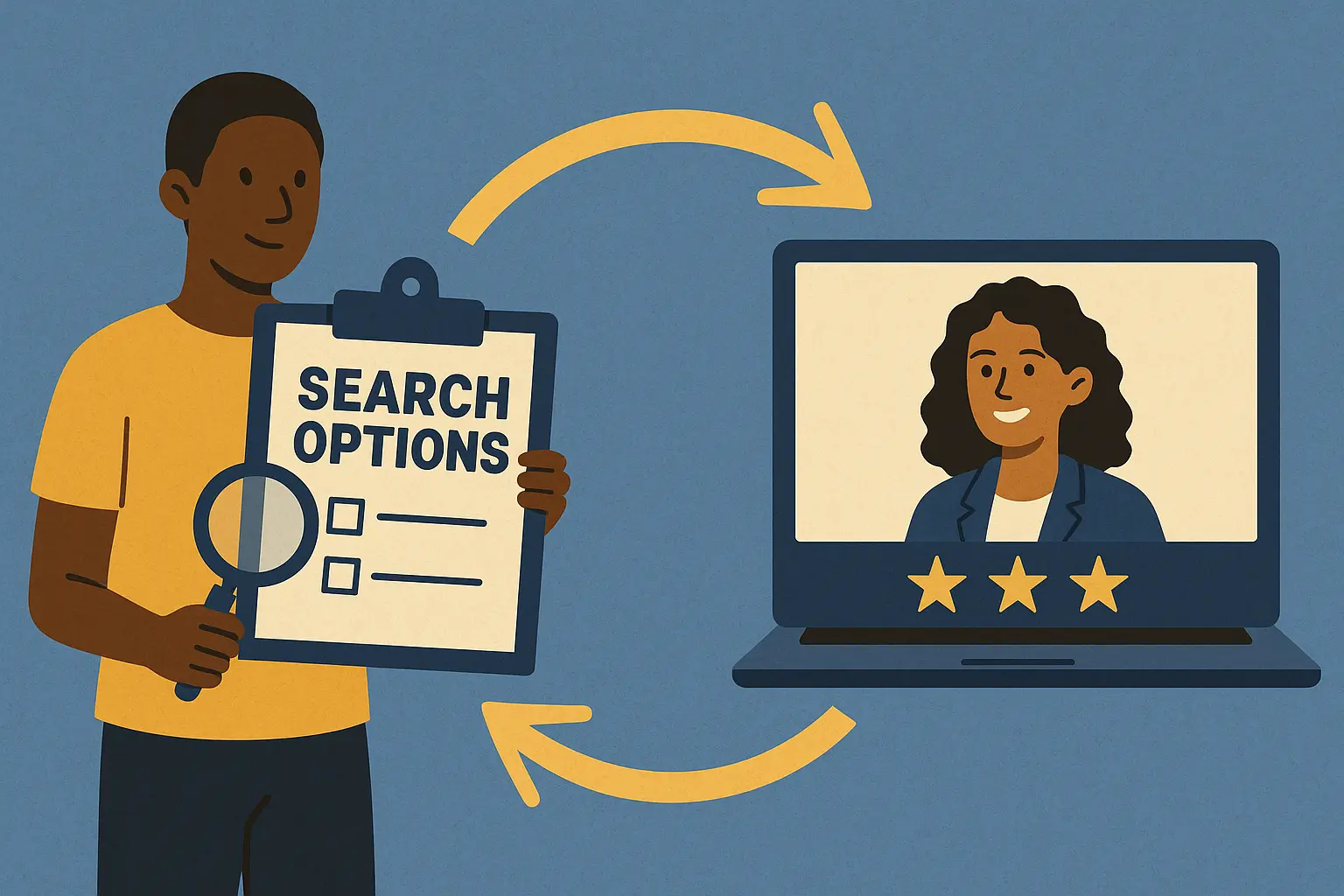 Clipboard showing service search options beside a laptop displaying contractor profiles, symbolizing online hiring and comparison on ConnectToPros