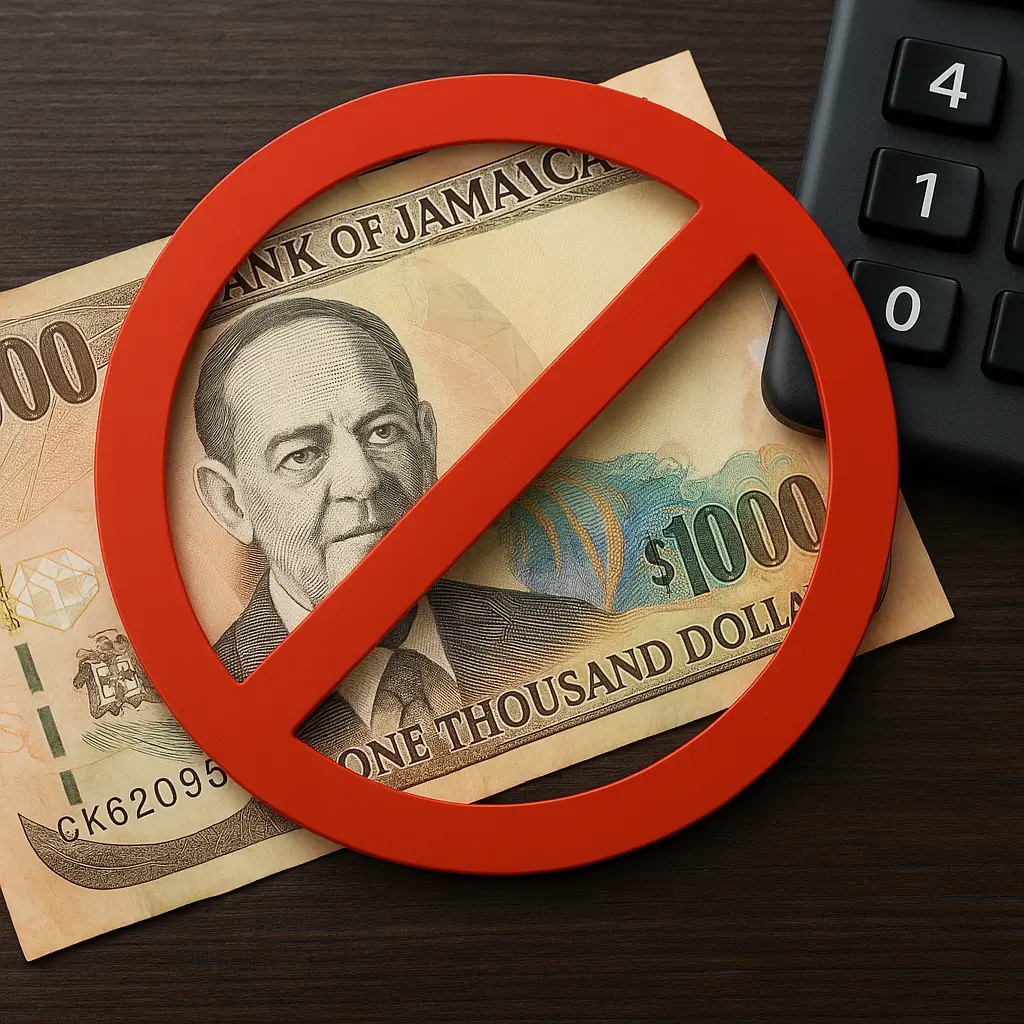 Jamaican $1000 note crossed out with a red “no” symbol beside a calculator