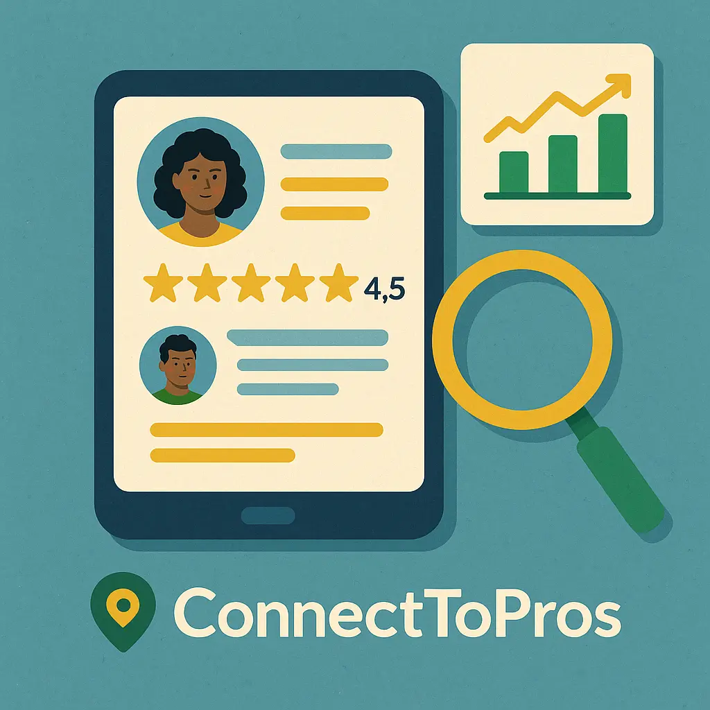 Illustration of service provider profiles with star ratings, a magnifying glass, and growth chart representing how ConnectToPros helps Jamaicans check reviews and choose reliable pros