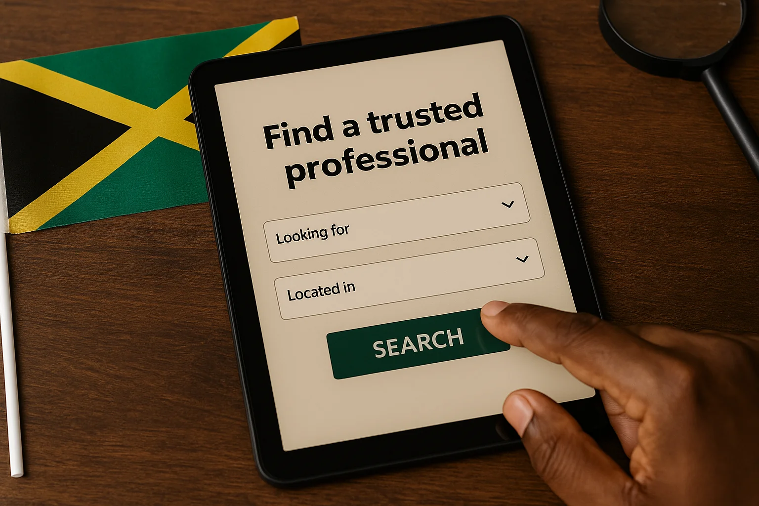 Person using a tablet with a search form beside a Jamaican flag to find trusted professionals online.
