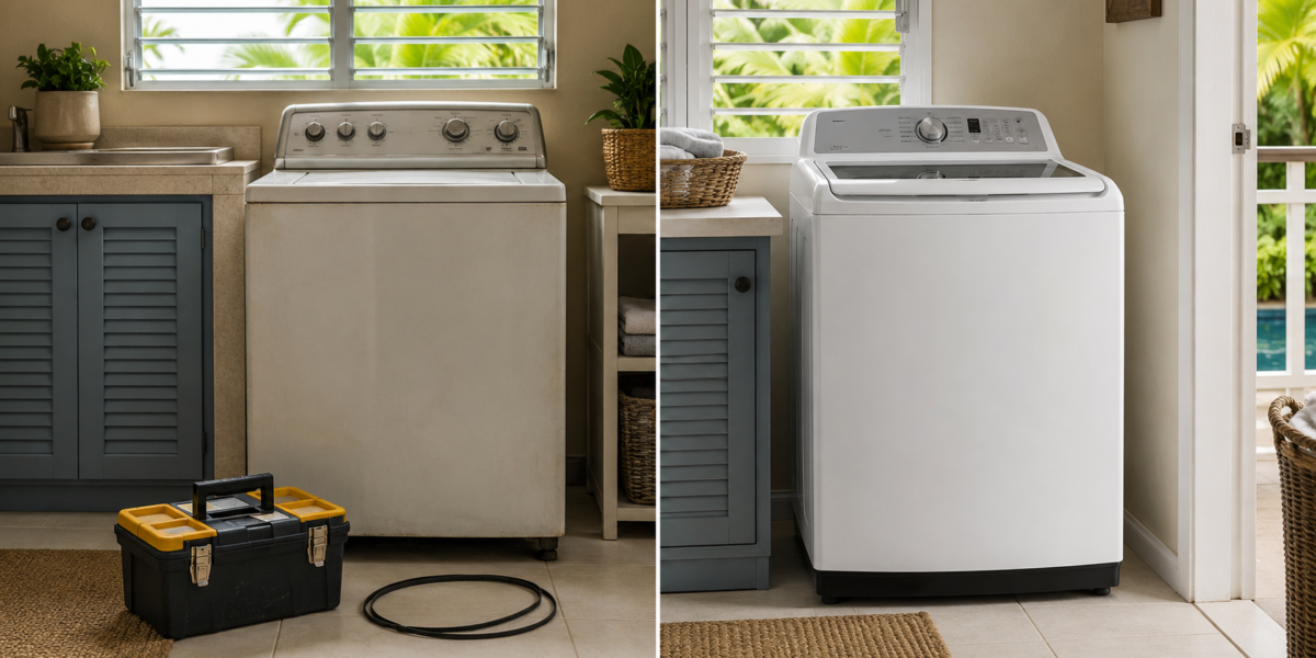 Split view comparing washing-machine repair with appliance replacement in a Jamaican home