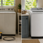 Split view comparing washing-machine repair with appliance replacement in a Jamaican home