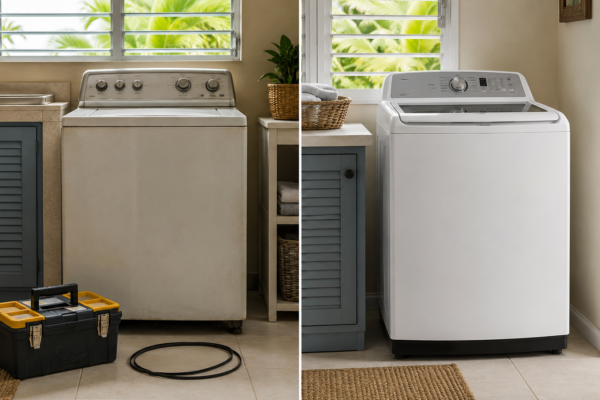 Split view comparing washing-machine repair with appliance replacement in a Jamaican home