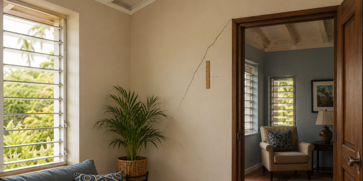 Diagonal wall crack above a doorframe showing a structural warning sign in a Jamaican home