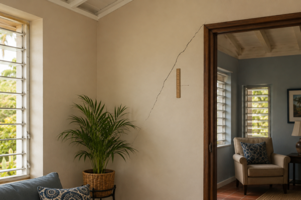Diagonal wall crack above a doorframe showing a structural warning sign in a Jamaican home