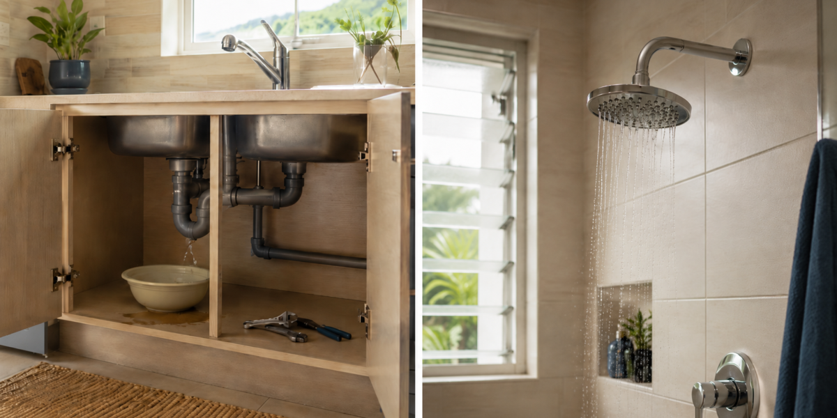 Split view of a leaking pipe and showerhead with low water pressure in a Jamaican home