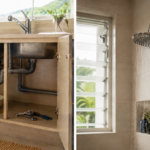 Split view of a leaking pipe and showerhead with low water pressure in a Jamaican home