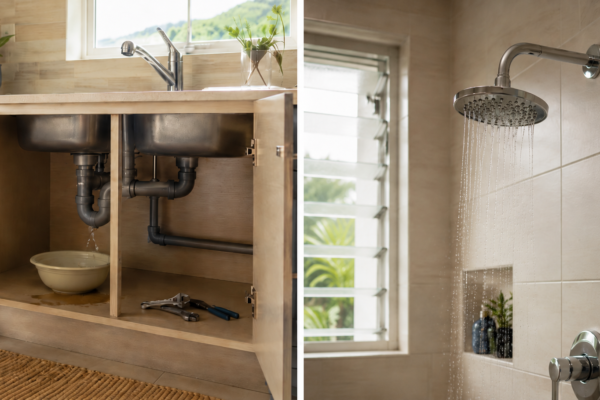 Split view of a leaking pipe and showerhead with low water pressure in a Jamaican home